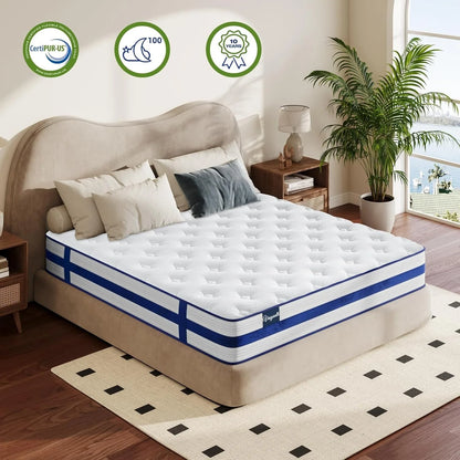 10.2 Inch Blue Velvet Pocket Sprung Mattress Cooling Memory Foam Top, Medium Firm Hybrid Mattress with Enhanced Edge Support