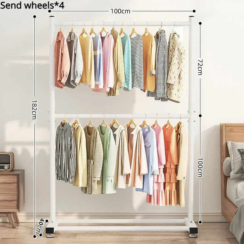 Simple Rolling Clothes Rack Double Layers Floor Standing Coat Hanger Stand Large Assembled Wardrobe Shoe Shelves Home Furniture