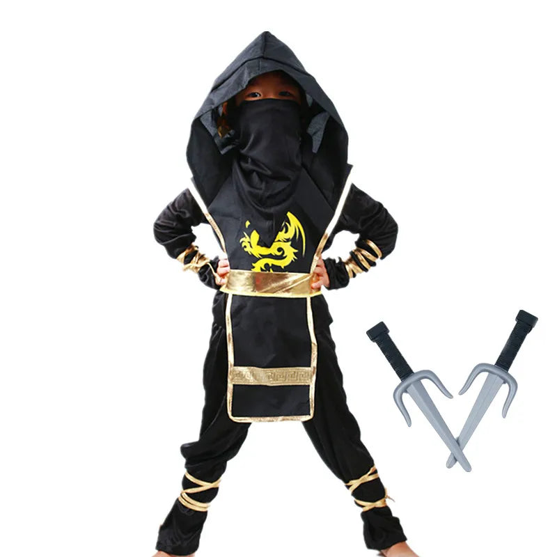 Ninja Costume for Kids Black Deluxe Ninja Costume for Boys Halloween Ninja Costume Dress Up with Knife Fork for Kids (10-12 Yrs)