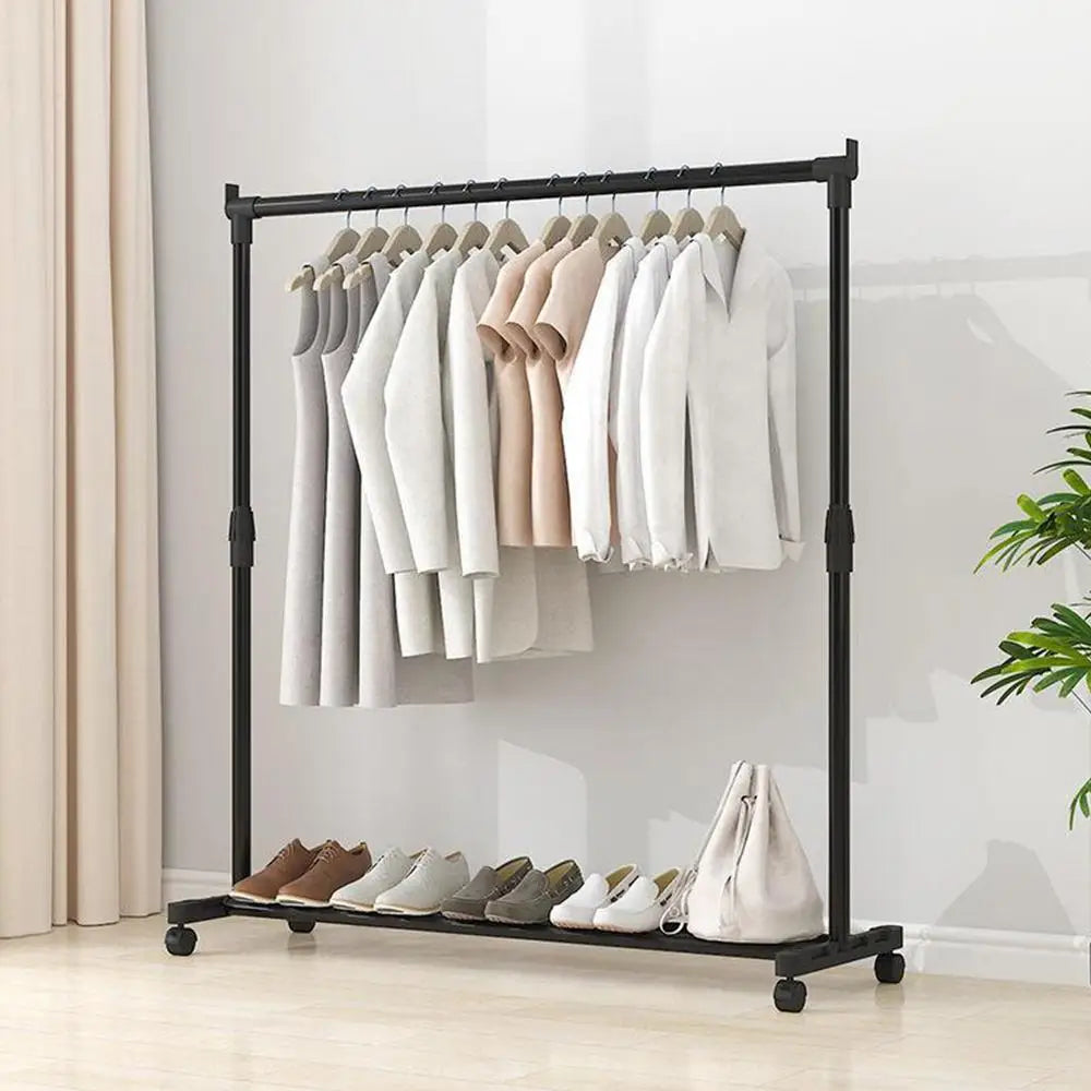 ﻿New Telescopic Clothes Rack Heavy-Duty Double Pole Lifting Clothes Hanger Telescopic Mobile Hanging Clothes Rack For home