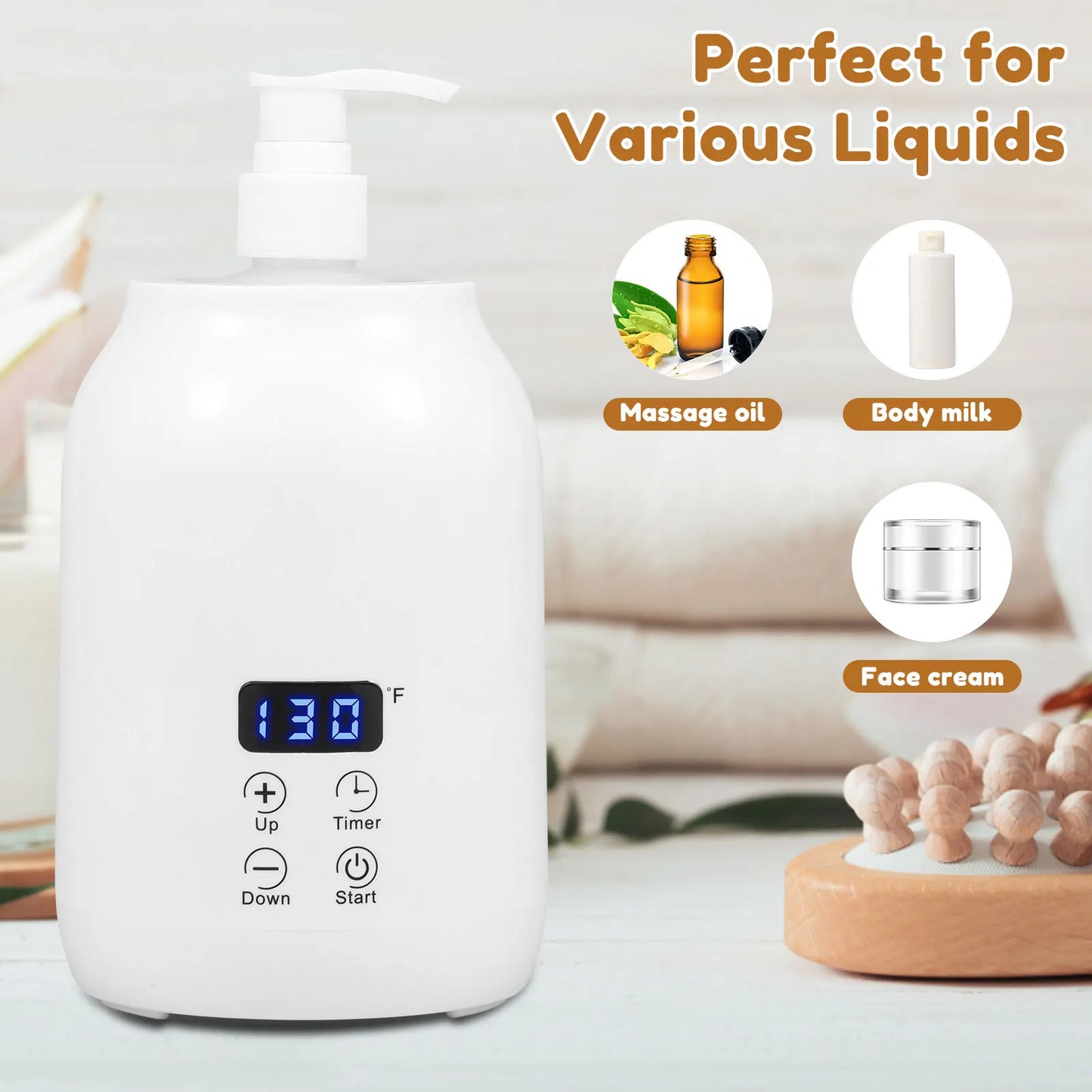 Massage Oil Warmer 30℃ to 65℃ Adjustable Lotion Bottle Warmer with 2 Oil Bottle Dispenser Smart Touch Key Electric Lotion Heater