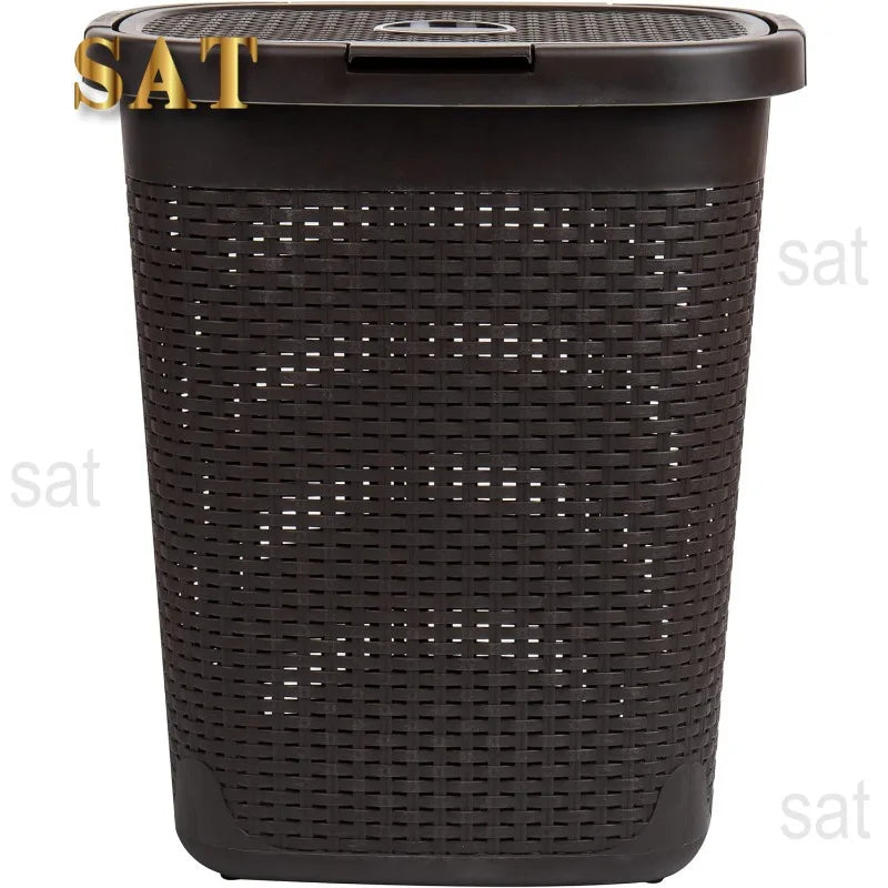 50L Slim Laundry Hamper, Clothes Basket, Lid, Wicker Design, Plastic, 17.65"L x 13.75"W x 21"H