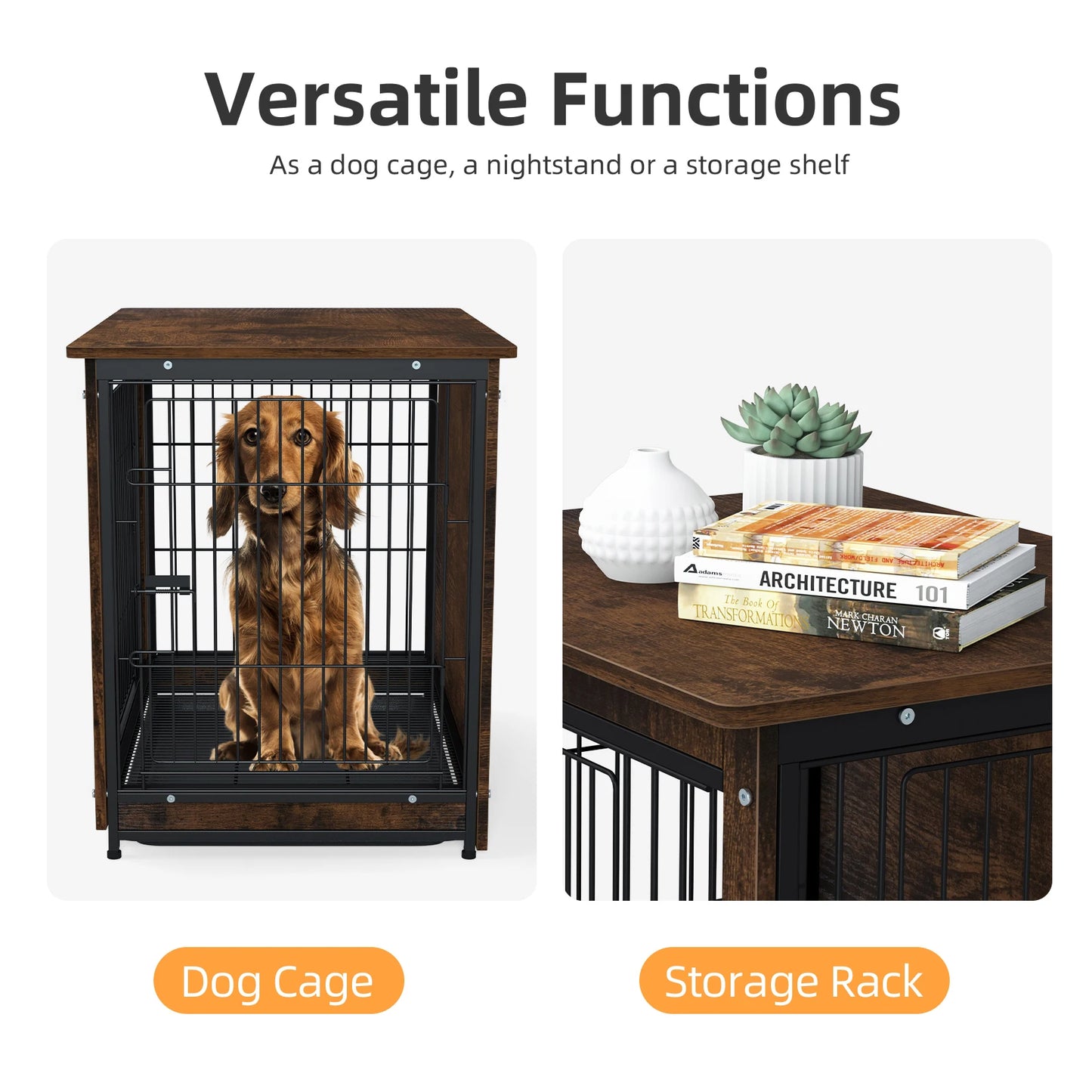 Pet Cage Kennels with 2 Doors and Removable Tray, Dog Crate, End Table Furniture, Wood Metal, Combine Pet Cage, S, M, L, 3 Sizes