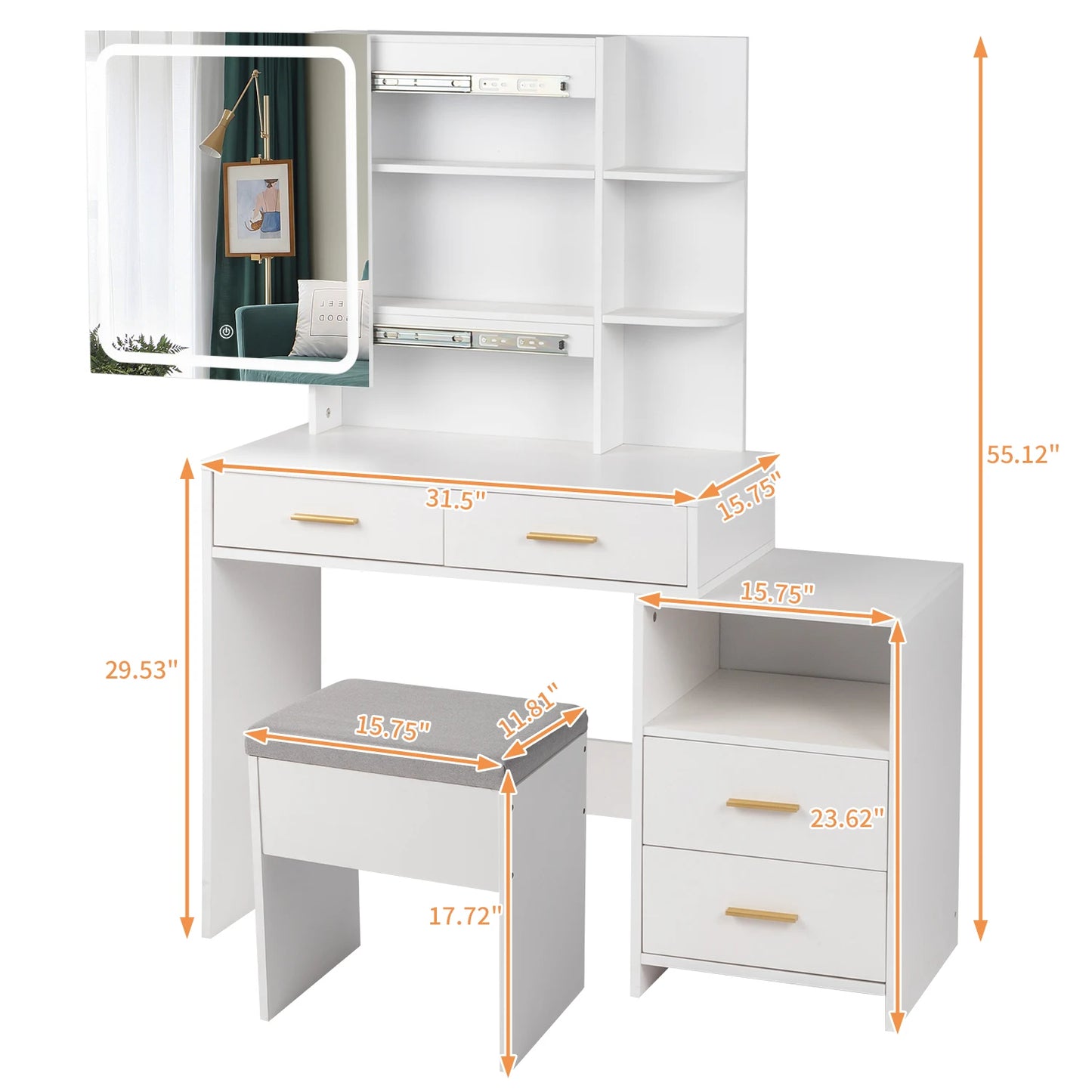 4-Drawer Dressing Table Set with Mirror Cabinet, LED Three-Tone Light, and Storage Cabinet - Modern White Furniture for Bedroom