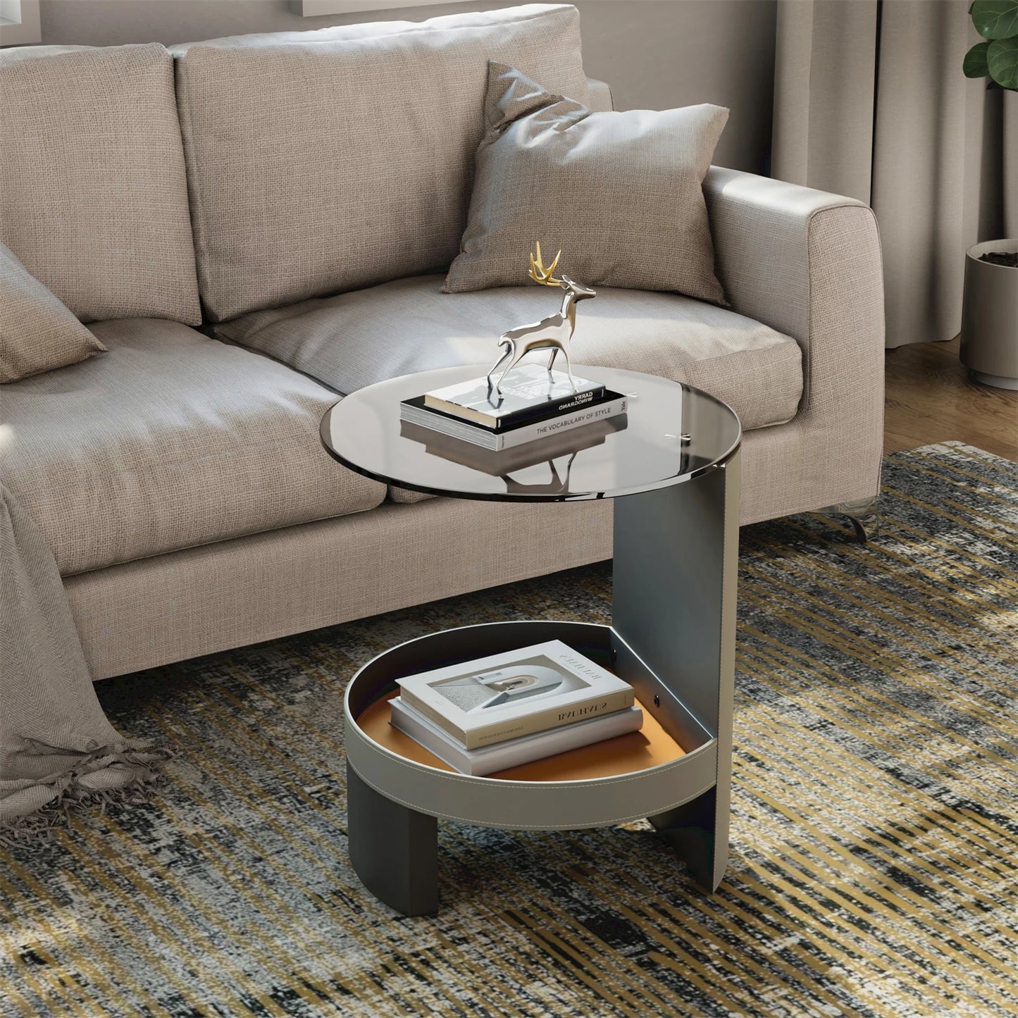 Unique 2-Tier Side End Table with Tempered Glass Top, Saddle Leather Shelf, Coffee Accent Table for Living Room and Bedroom