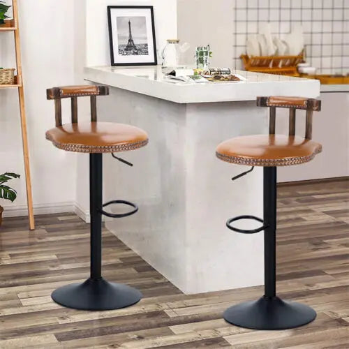 2X Industrial Leather Bar Stools 360° Swivel Adjustable Kitchen Breakfast Pub Chairs Vintage Wood Backrest