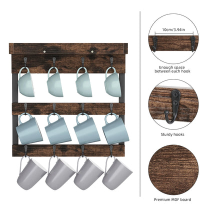 Wall Mounted Wooden Cups Hanging Organizer, Coffee Mug Cup Rack, Holder Shelf, 12 Hooks