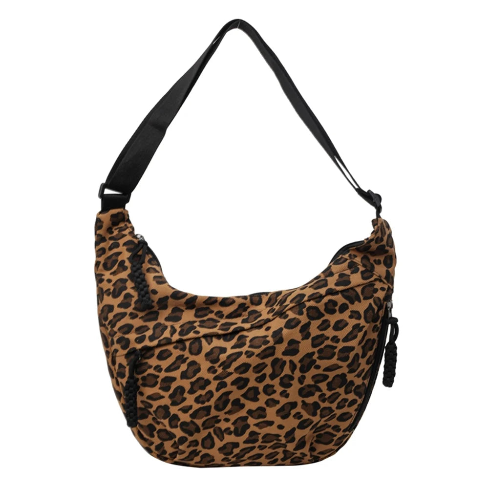 Women Fashion Shoulder Bag Large Capacity Leopard Print Crescent Crossbody Bag Adjustable Strap Half Moon Bag Outdoor Travel Bag