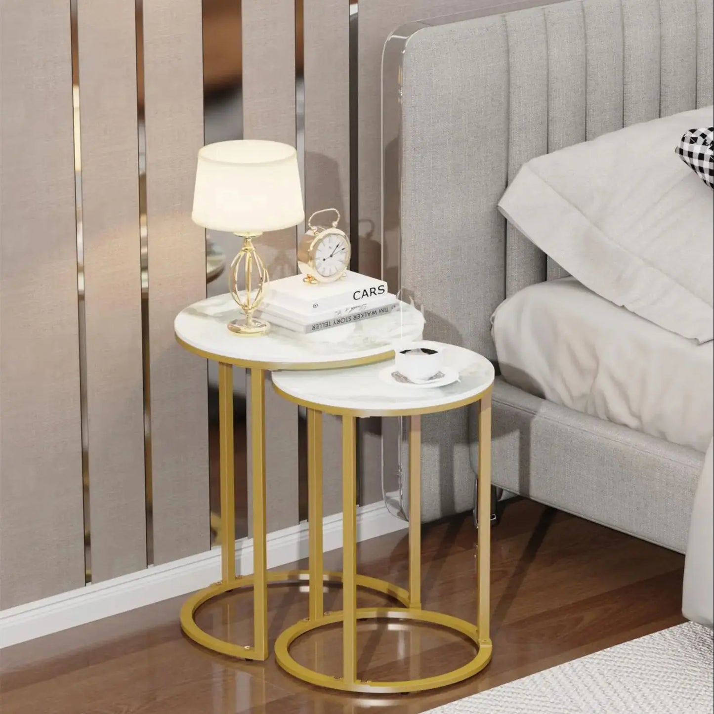 Round Side End Table 2PCS Nesting Coffee Table Real Marble Metal Frame Stackable White&Gold