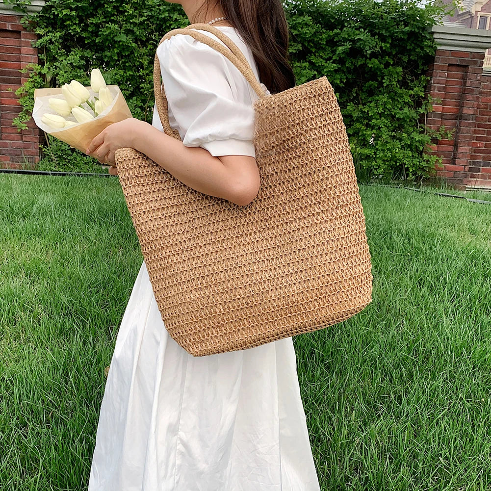 Women Straw Woven Shoulder Bag Solid Color Shoulder Summer Woven Pouch for Women Handmade Traveling Handbags Underarm Bags