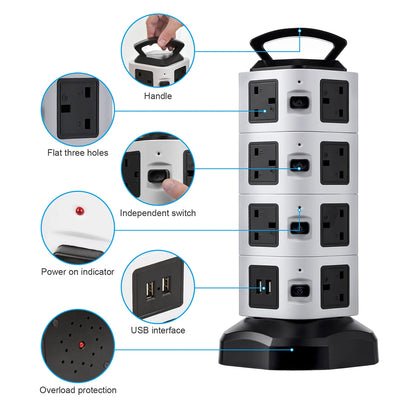 Vertical Power Strip 7/11/15 Ways Tower Socket Surge Protector UK Plug Multi Outlets with 2 USB 2m Extension Cable Home Office