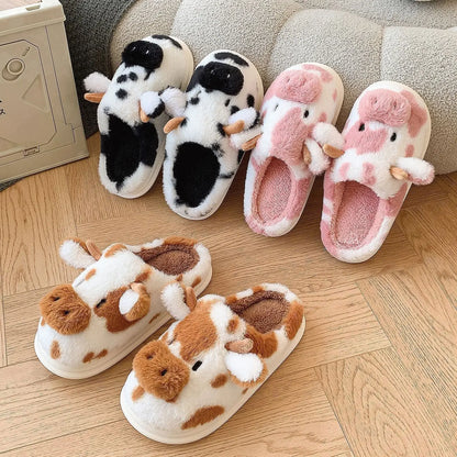 Pallene Cow milk Fuzzy Slippers Women Winter Cartoon Fur Slippers Soft Cozy Plush House Shoes Female Bedroom Cute Furry Slides