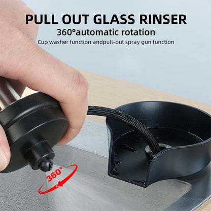 2in1 Pull Out Sprayer Glass Rinser For Kitchen Sink Automatic Rotating High-Pressure Press Cleaner Sink Bottle Cup Washer