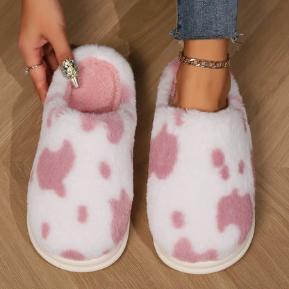 Pallene Cow milk Fuzzy Slippers Women Winter Cartoon Fur Slippers Soft Cozy Plush House Shoes Female Bedroom Cute Furry Slides