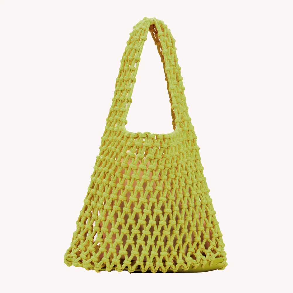 Women Braid Handbag Cotton Linen Top Handle Bag Woven Basket Bag Net Shopper Bag