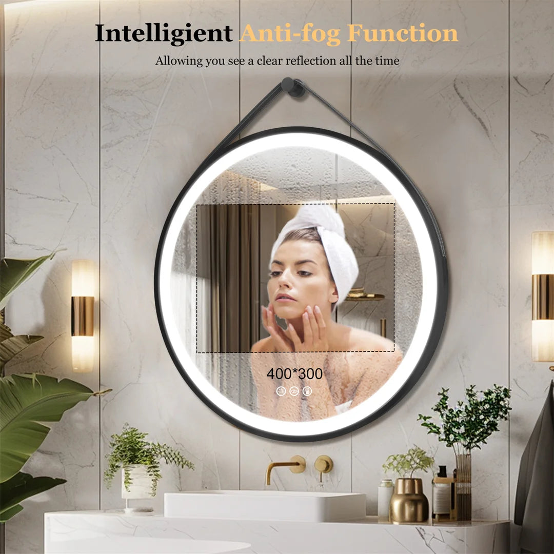 LUVODI 32" Large Round Bathroom Lighted Mirror With Touch Sensor Black Framed Bathroom Mirror with LED Lights