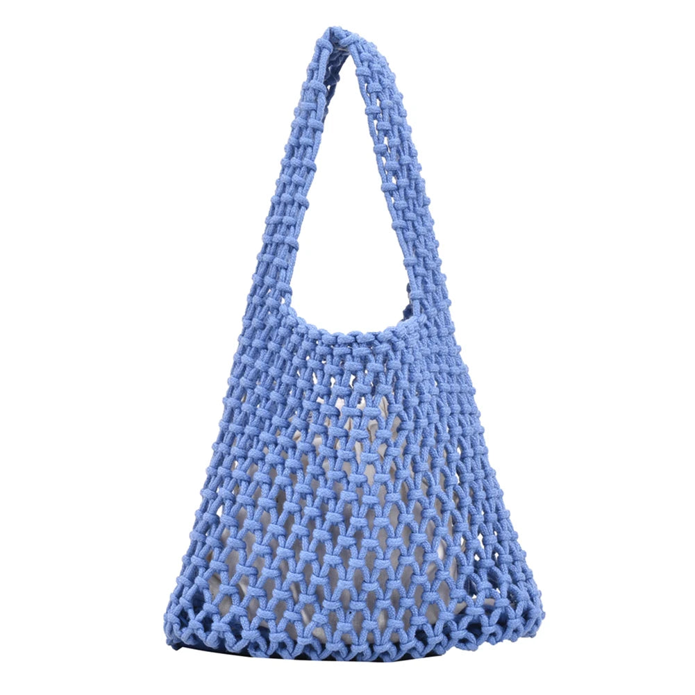 Women Braid Handbag Cotton Linen Top Handle Bag Woven Basket Bag Net Shopper Bag