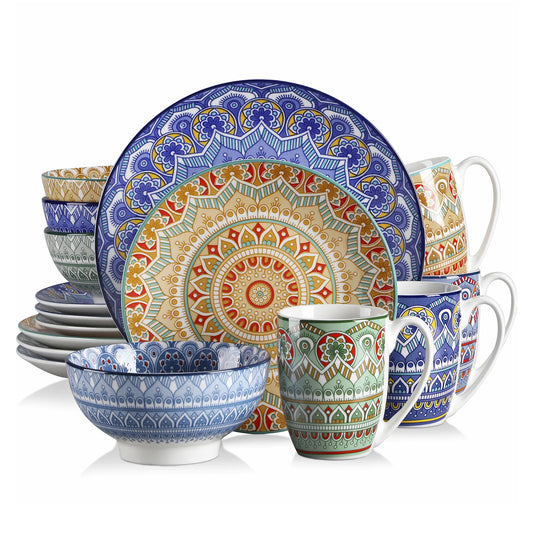 vancasso 16/32/48-PCS Ceremic Plate Porcelain Dinnerware Set Bohemian Mandala Patterned with Dinner Plate,Dessert Plate,Bowl,Mug