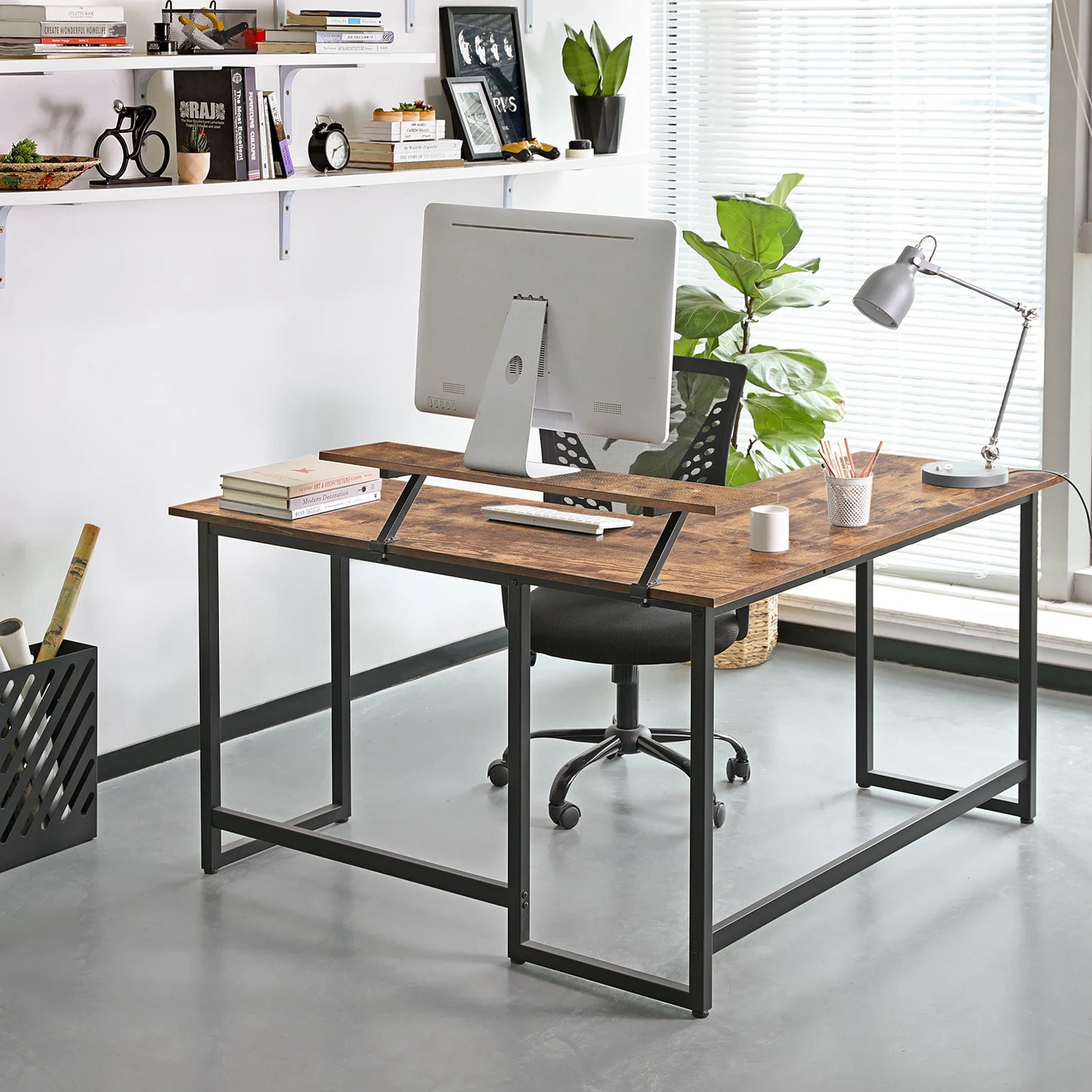 VASAGLE L-Shaped Desk with Screen Stand for Studying, Gaming, Working, Space-Saving, Adjustable Legs, Metal Frame