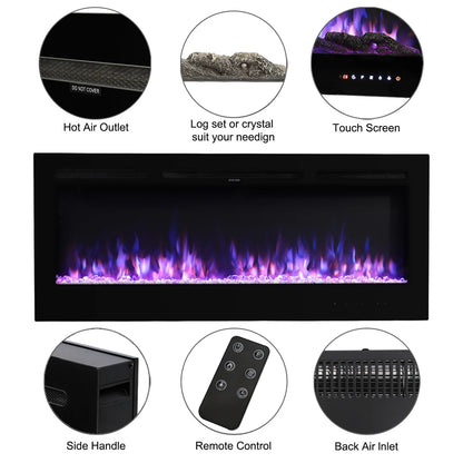 KOMORE Recessed/Wall Mounted Electric Fireplace Adjustable Flame with Remote 12 Colours Flames Automatic Shutoff Mechanism