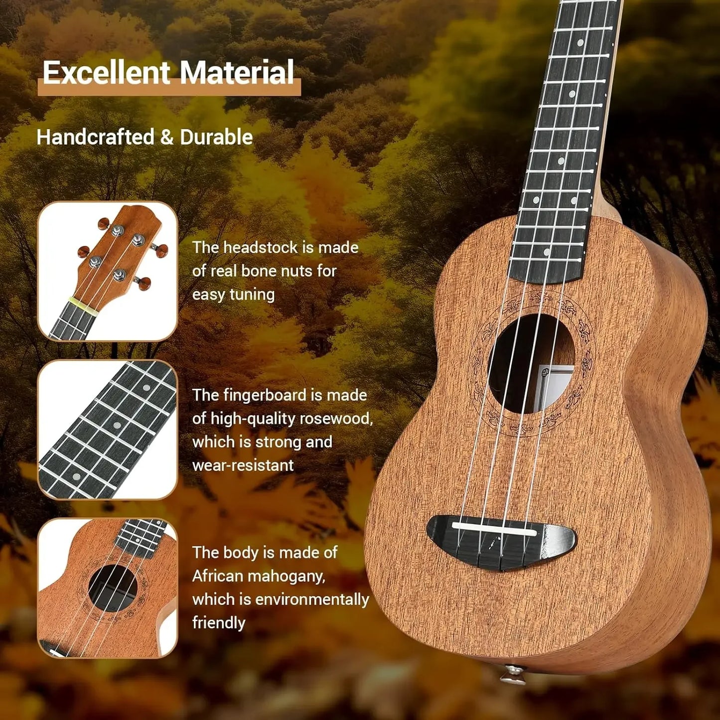 Ukulele for Kids Adults Beginners,21 Inch Soprano Ukulele Handmade Mahogany Wood Hawaiian Guitar with Strings Gig Bag, Brown