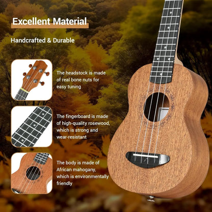 Ukulele for Kids Adults Beginners,21 Inch Soprano Ukulele Handmade Mahogany Wood Hawaiian Guitar with Strings Gig Bag, Brown