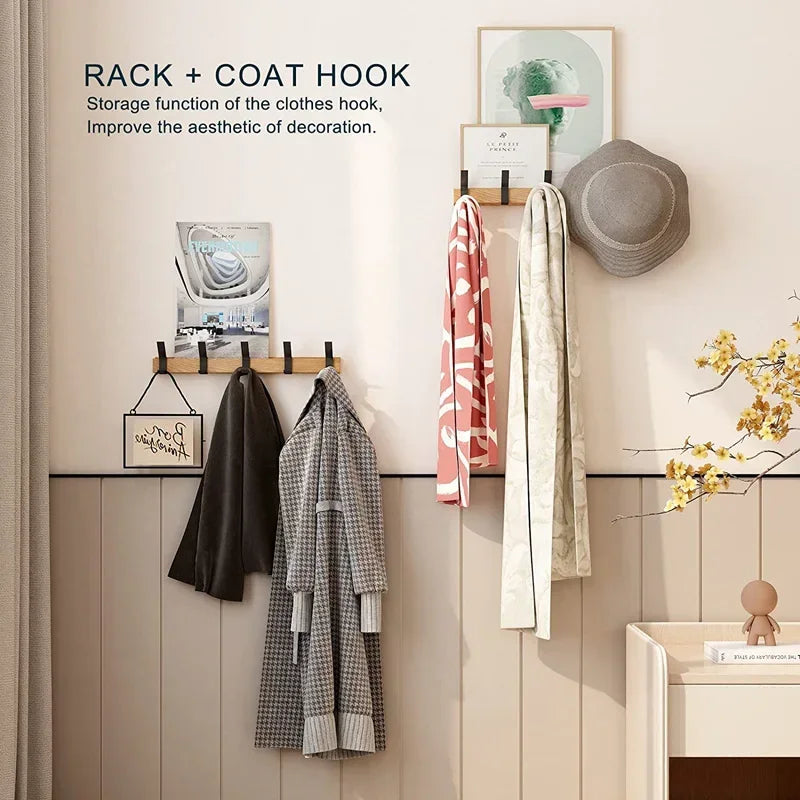 Nordic Wall Mounted Coat Rack with Movable 5 Hooks Aluminum Clothing Rail for Hat Towel Robes Wooden Hanger Perchero Furniture