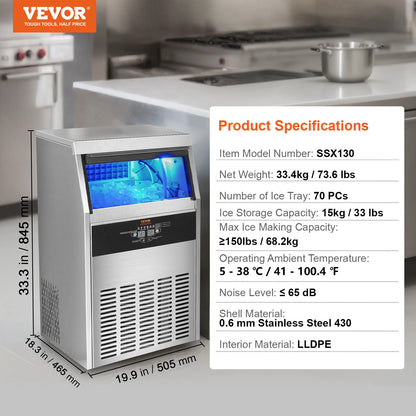 VEVOR Commercial Ice Maker 110lbs/24H 60 Ice Cubes in 12-15 Minutes  33lbs Storage Capacity LED Digital Display