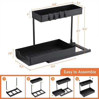 2 Pack Kitchen Under Sink Storage Organiser Rack with Sliding Drawer 4 Hooks 2 Tier Multi-purpose Pull Out Drawer for Bathroom