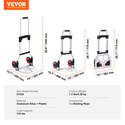 VEVOR 176/275/309 lbs Folding Hand Truck Portable Cart Dolly with Telescoping Handle and Binding Rope for Moving Warehouse