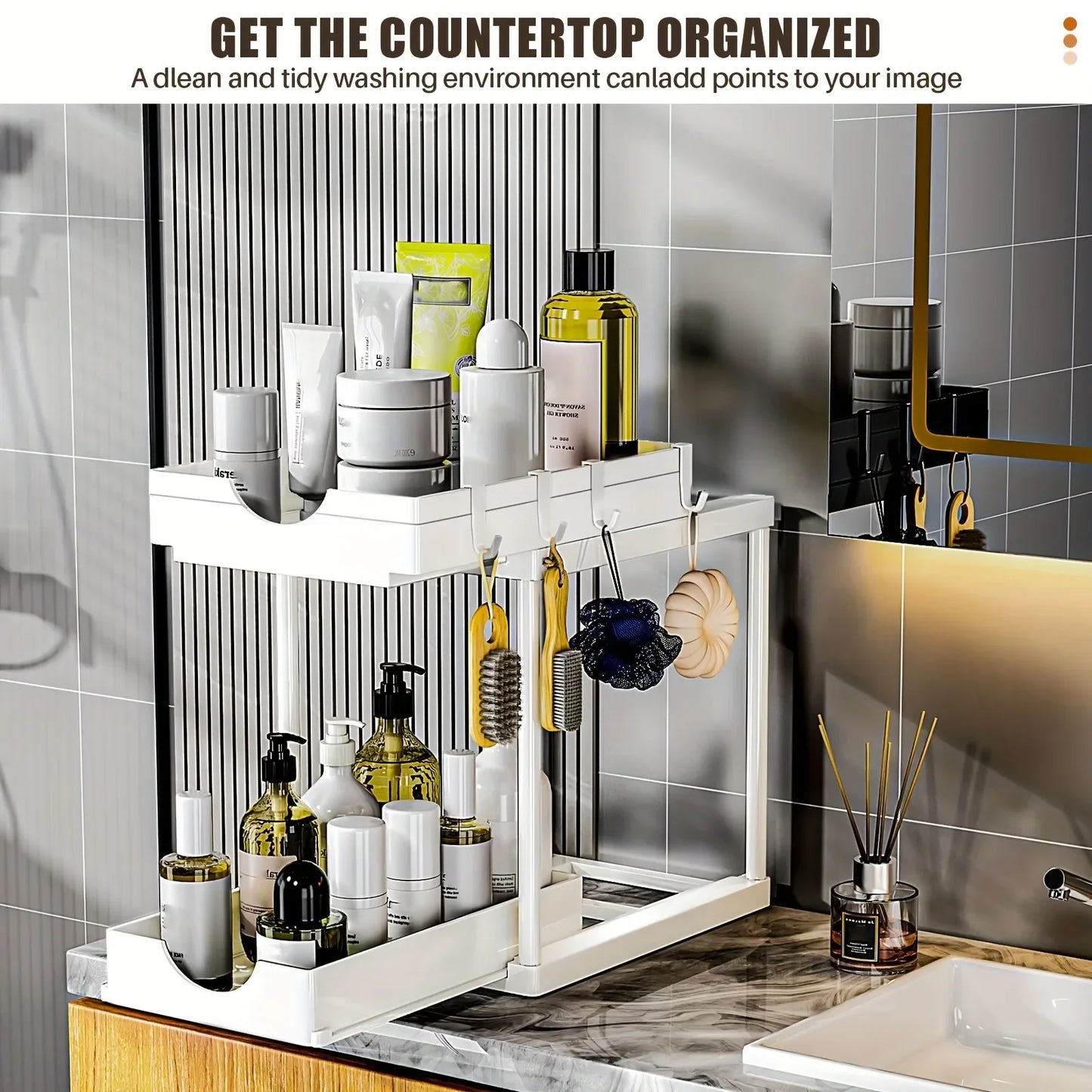 2 Tier Under Sink Organizer Sliding Cabinet Basket Organizer Drawer Under Sink  Rack with Hook Bathroom Kitchen Organizer Cosina