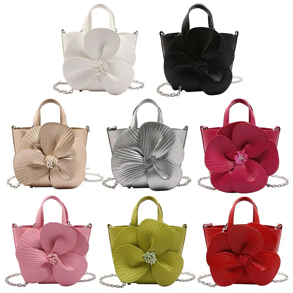 Premium PU Leather Flower Clutch Purse with Detachable Chain Elegant Bucket Bag for Weddings and Parties