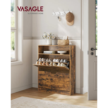 VASAGLE Shoe Cabinet 2 Flip Doors, 3 Tier Shoe Rack, with Open Compartment, Adjustable Removable Divider, for Narrow Entrance