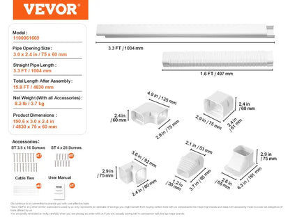 VEVOR Mini Split Line Set Cover PVC Decorative Pipe Line Cover For Air Conditioner Easy to Install Paintable for Heat Pump White