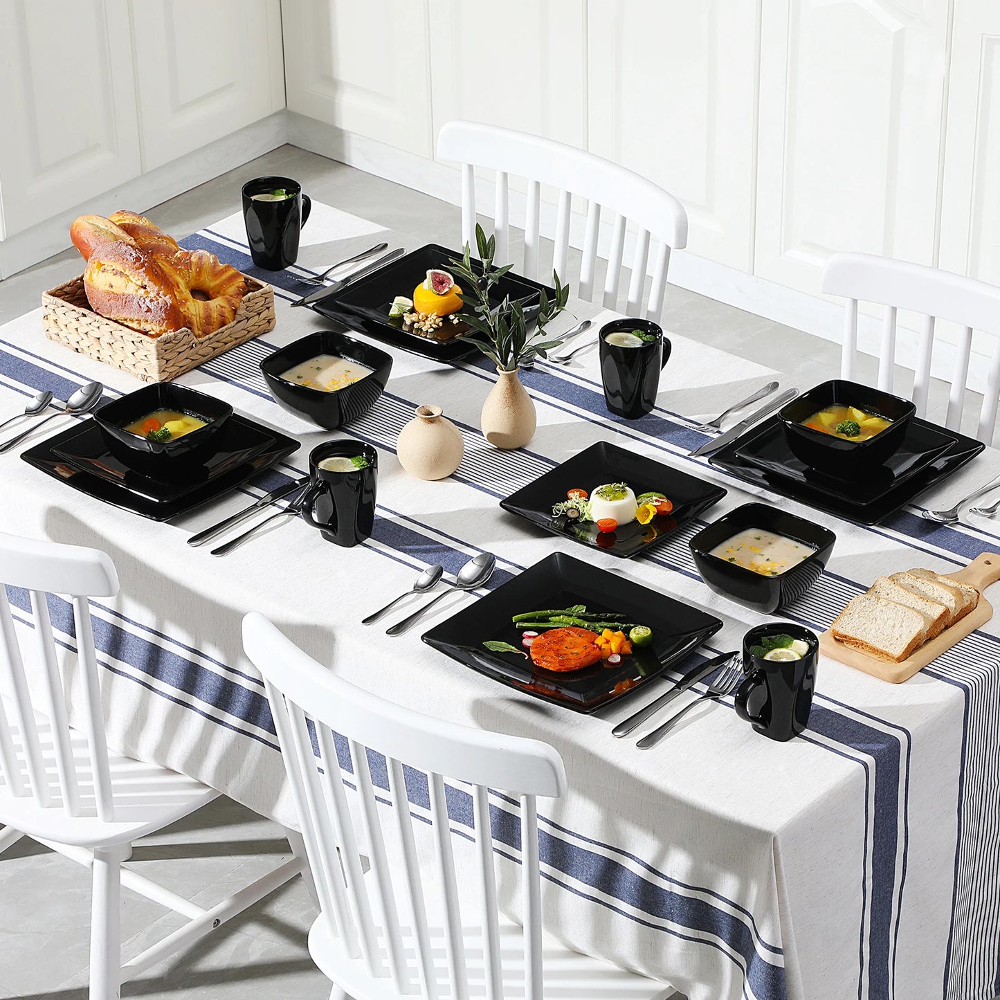 Vancasso SOHO 16/32/48-Piece Black Ceramic Porcelain Square Dinnerware Set with Dinner Plate,Dessert Plate,Bowl,240ml Mug Set