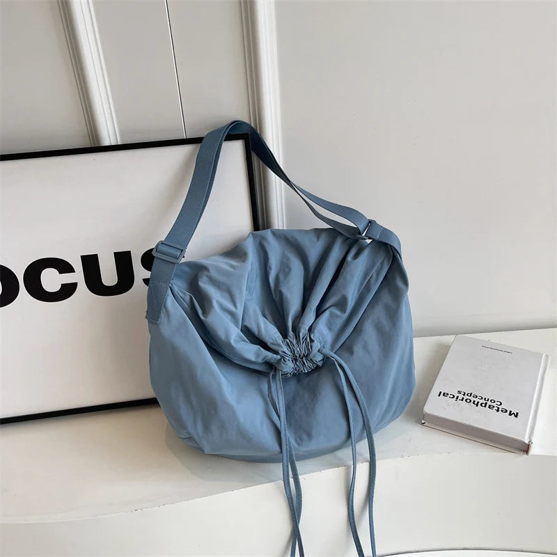 Women Drawstring Shoulder Bag Large Capacity Simple Crossbody Bag Solid Color Lightweight Shopping Bag Girls Outdoor Bag