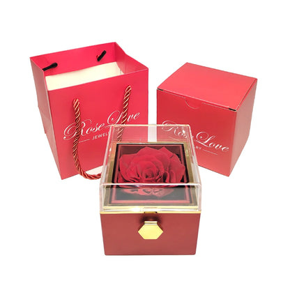 Rotating Jewelry Box with Necklace, Forever Flower Red Preserved Rose Box Mother's Day Birthday for Mom Wife Girlfriend