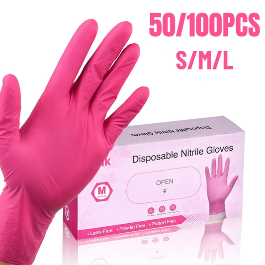 50/100PCS Disposable Pink Nitrile Gloves for Hairdressing Manicure Washing Cars Waterproof Dishwashing  Kitchen Tools Latex Free