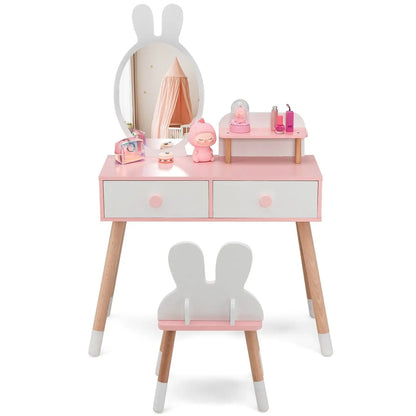 GOFLAME Vanity Set with Mirror, 2-in-1 Princess Makeup Dressing Table with Rabbit-ear-shaped Stool & Mirror