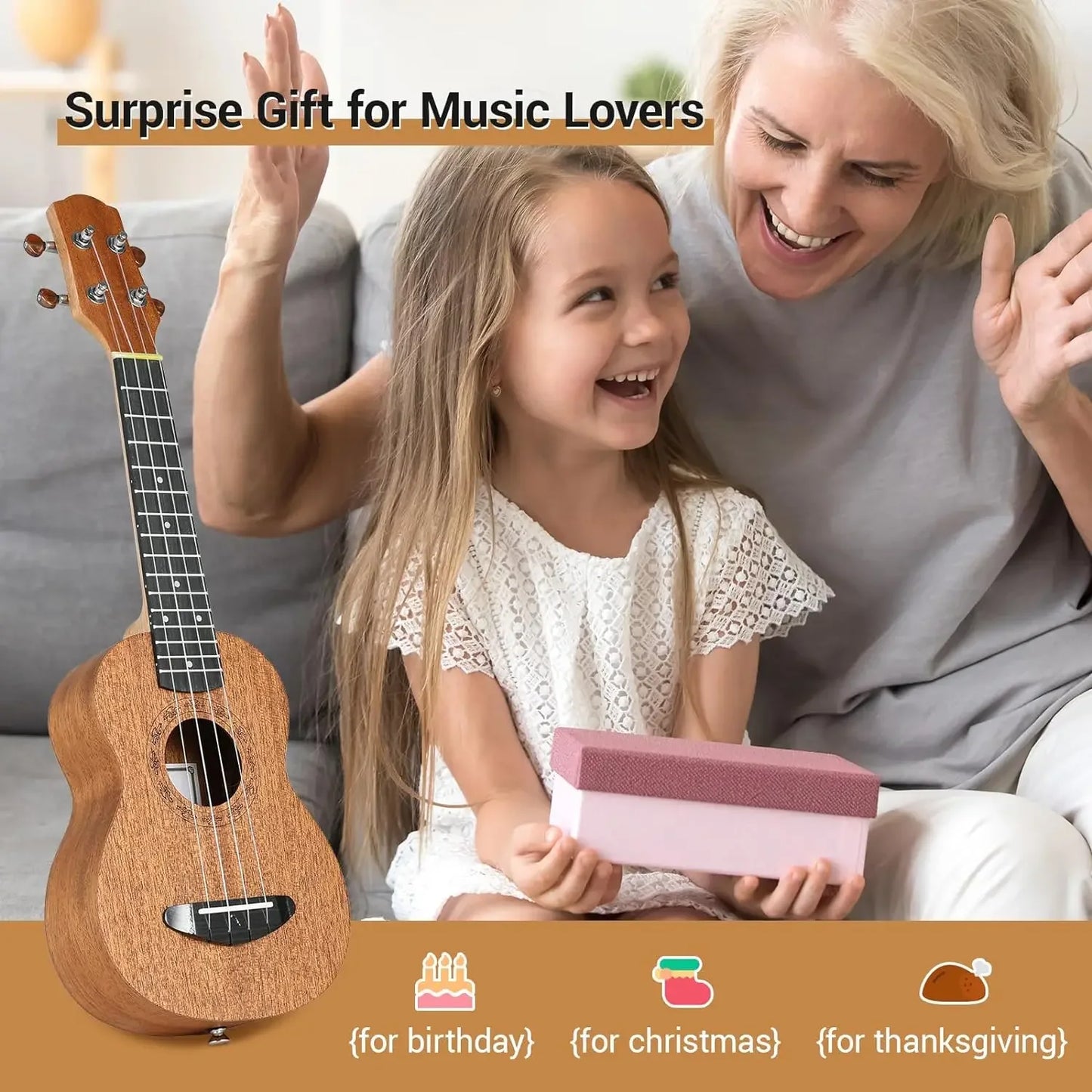 Ukulele for Kids Adults Beginners,21 Inch Soprano Ukulele Handmade Mahogany Wood Hawaiian Guitar with Strings Gig Bag, Brown