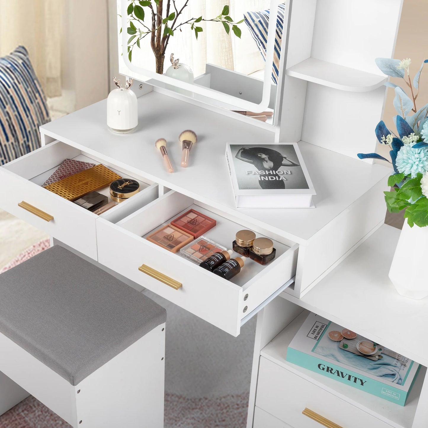 4-Drawer Dressing Table Set with Mirror Cabinet, LED Three-Tone Light, and Storage Cabinet - Modern White Furniture for Bedroom