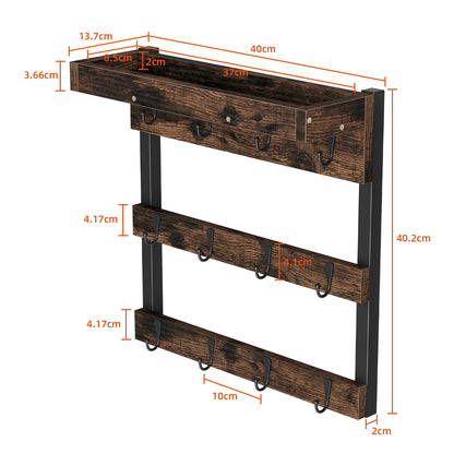 Wall Mounted Wooden Cups Hanging Organizer, Coffee Mug Cup Rack, Holder Shelf, 12 Hooks