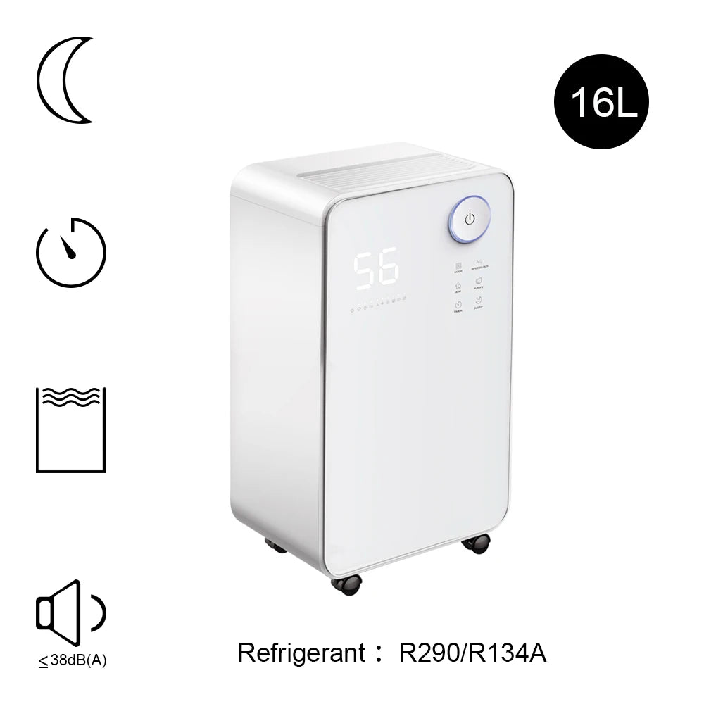 White 16L Low Noise Dehumidifier with Wheels and WiFi