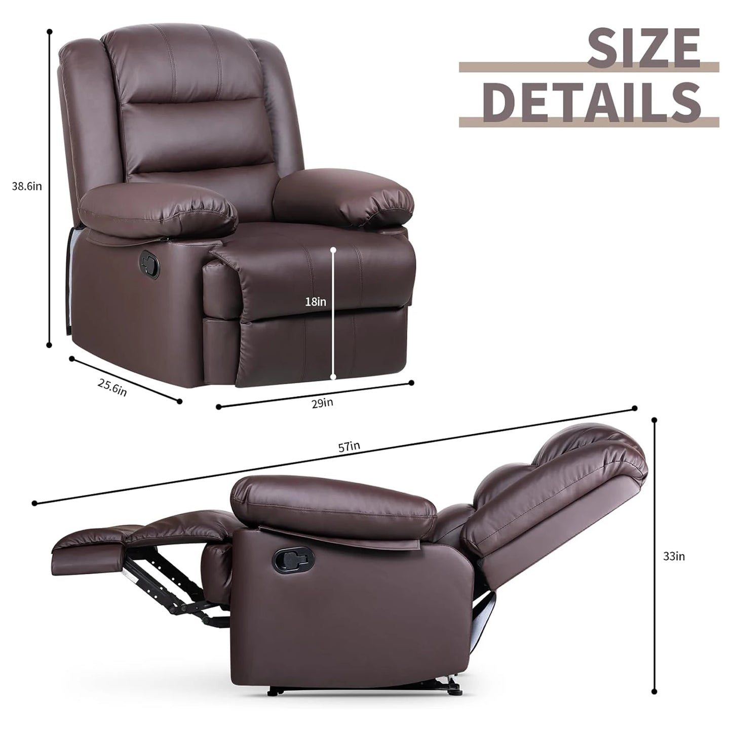 Recliner Armchair Padded Seat Single Sofa Lounge Seating Adjustable Reclining PU Couch Chair for Living Room Bedroom Home Theate