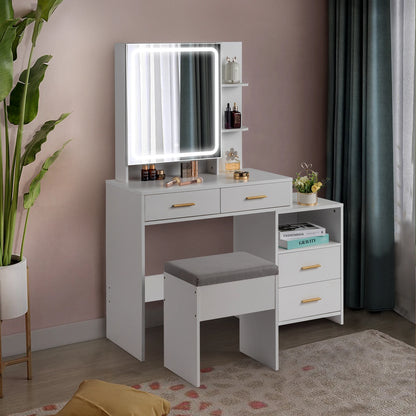 4-Drawer Dressing Table Set with Mirror Cabinet, LED Three-Tone Light, and Storage Cabinet - Modern White Furniture for Bedroom