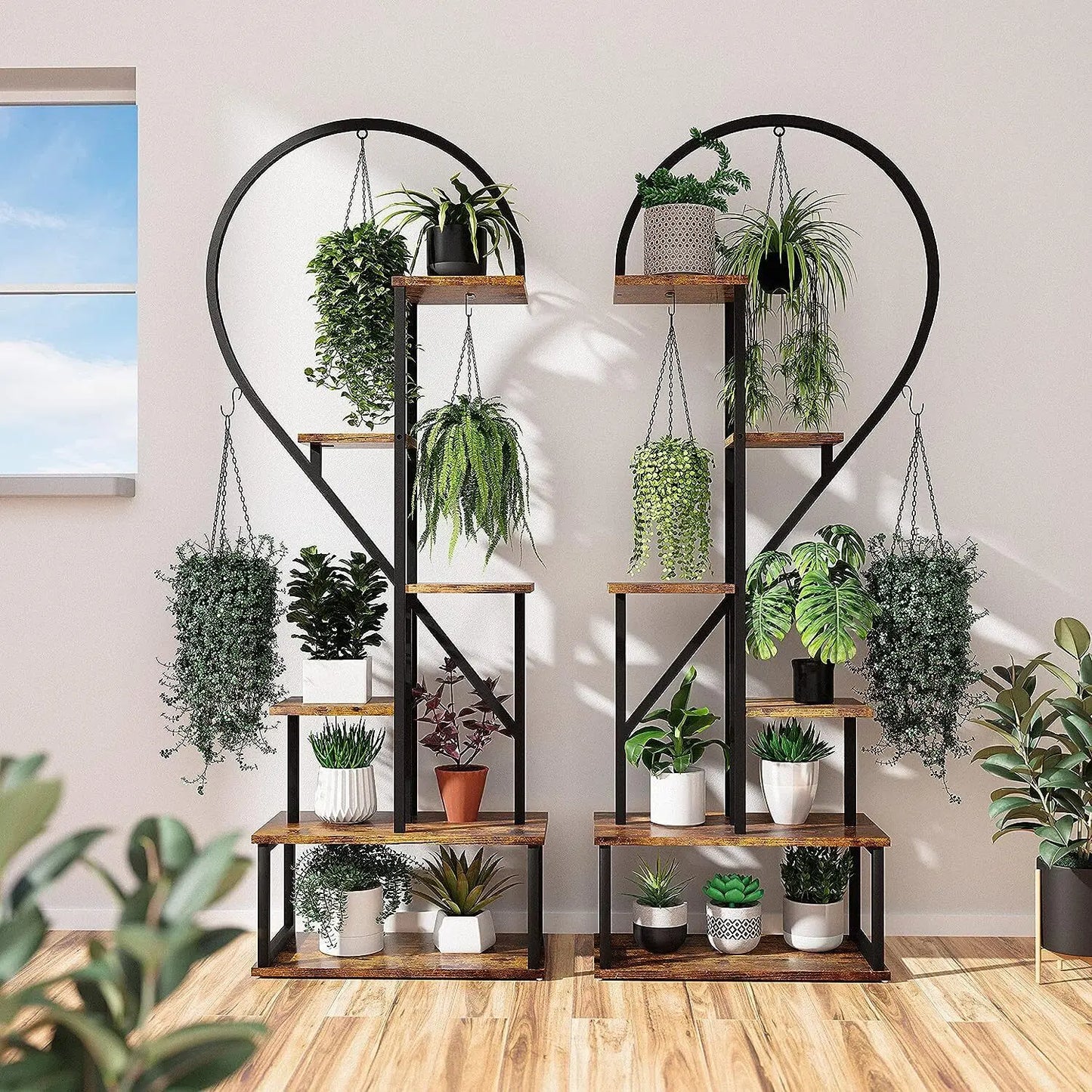 2X Plant Stand Half Heart Shaped Multiple Planter Rack Flower Display with Hooks 20 Pots Garden Ladder Planting Shelf