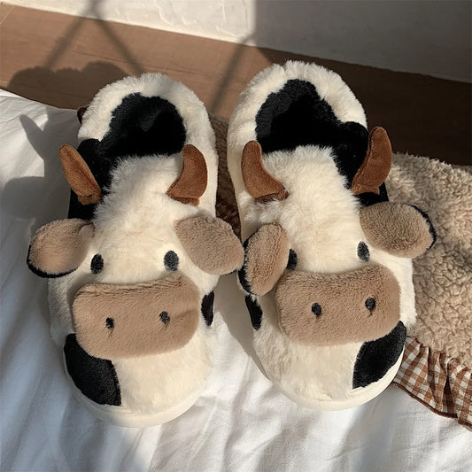 Pallene Women Winter Fur Fuzzy Slippers Cute Cartoon Cow Plush Slippers Indoor Warm Comfy House Slides Soft Casual Cotton Shoes