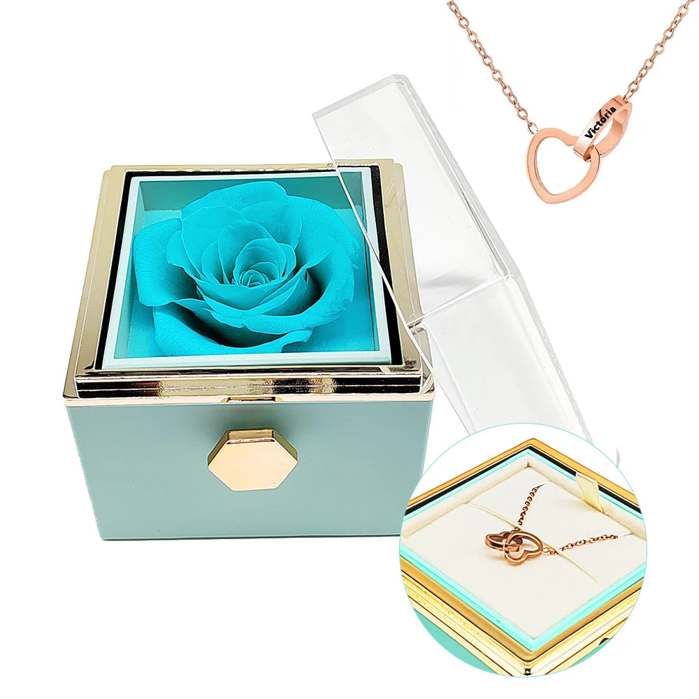 Rotating eternal rose engraved necklace valentines mother day gift box Engraved Interlocking Heart Necklace Eternal Rose Box