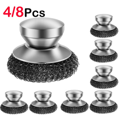 4/8Pcs Kitchen Stainless Steel Washing Brush Metal Sponge Scrubber with Handle for Dishes Pots Pans Grills Sink Cleaning Tools