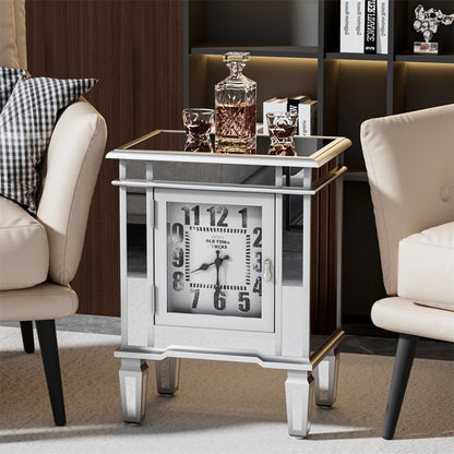 Silver Mirrored Glass Bedside Table Nighstand Side Table Cabinet with Quartz Clock and Storage Cabinet